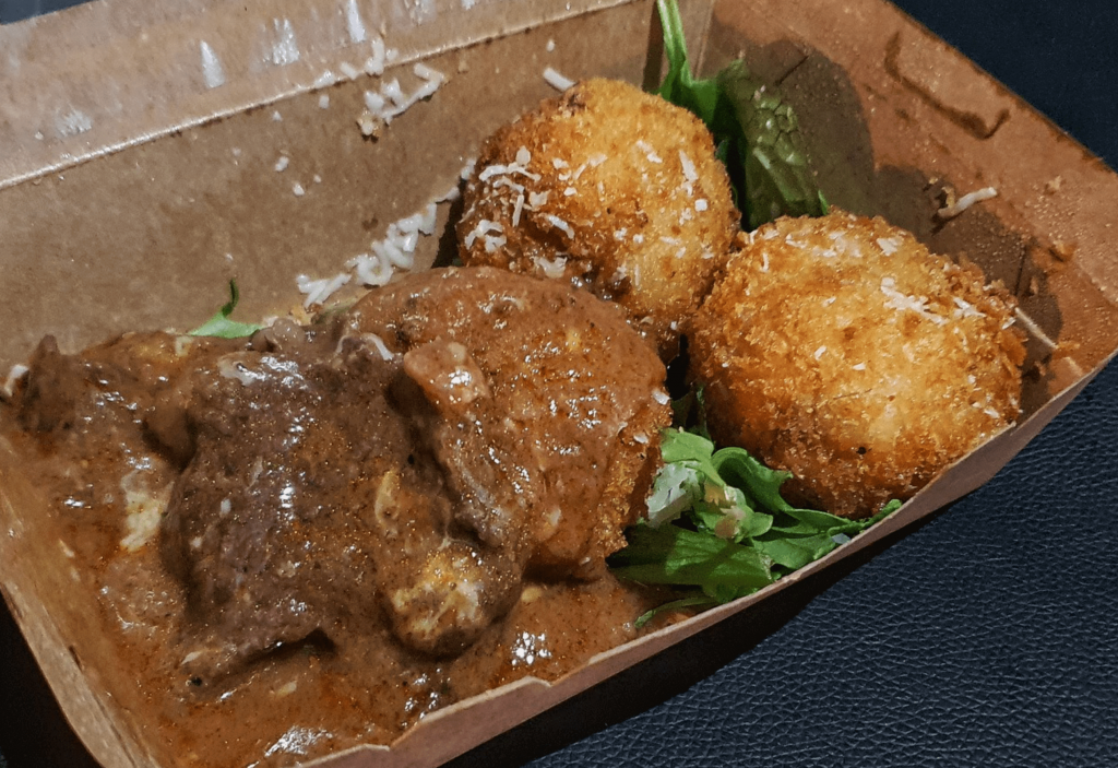 Golden Risotto Ball with Red Wine Beef Stew