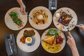 Overhead view of five different modern brunch