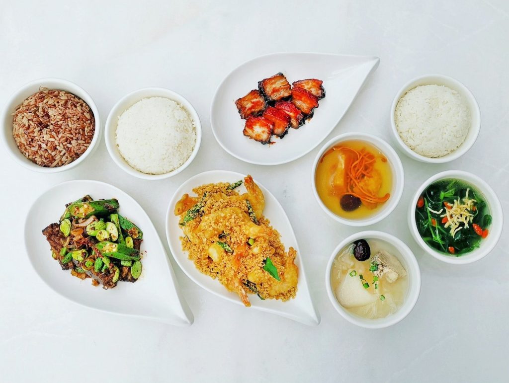 Overhead view of a Chinese set meal from Food R Us