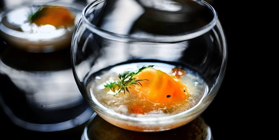 Min Jiang fine dining: A small, individual portion of a modern Chinese appetizer