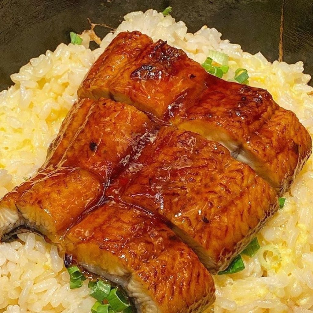 Close-up of Japanese Unagi Don, featuring glazed grilled eel fillets over a bed of rice mixed with egg and garnished with spring onions.