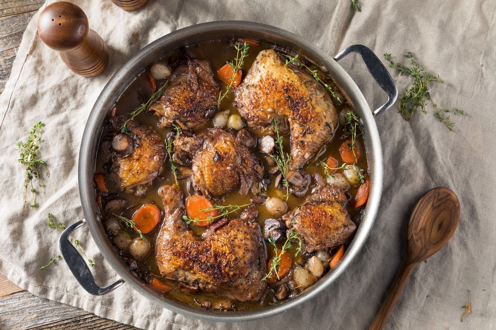 A large pot of classic French Coq au Vin stew