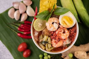 bowl of spicy shrimp noodle soup