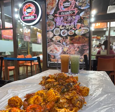 Seafood platter served on a table at Seafood Bucket